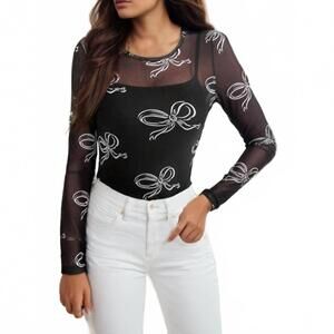 NEW 1 THE WOMAN bow mesh long sleeve top in black